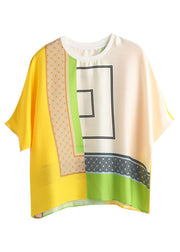 Stylish Yellow O Neck Geometric Print Chiffon Blouse Top Summer