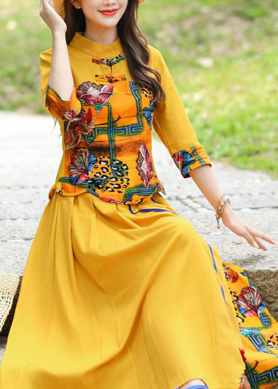 Stylish Yellow O-Neck Print Top And Skirts Two Piece Set Fall