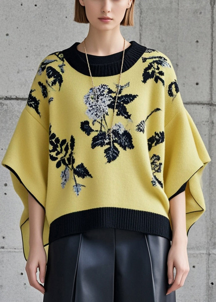 Stylish Yellow Oversized Jacquard Knit Pullover Batwing Sleeve