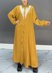 Stylish Yellow Patchwork Nail Bead Long Shirts Dress Spring