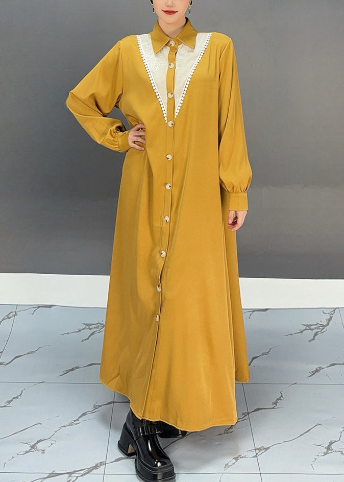 Stylish Yellow Patchwork Nail Bead Long Shirts Dress Spring