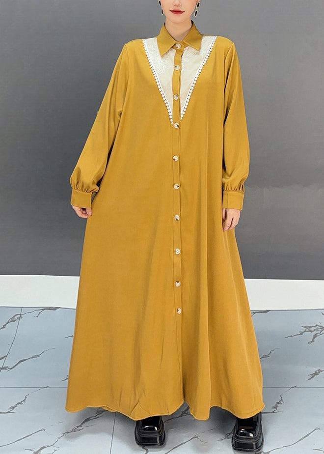 Stylish Yellow Patchwork Nail Bead Long Shirts Dress Spring