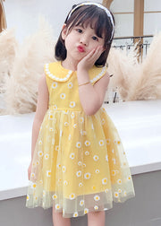 Stylish Yellow Patchwork Tulle Kids Long Dresses Sleeveless