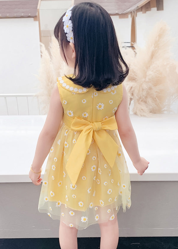 Stylish Yellow Patchwork Tulle Kids Long Dresses Sleeveless