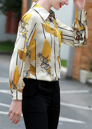 Stylish Yellow Peter Pan Collar Print Silk Shirt Long Sleeve