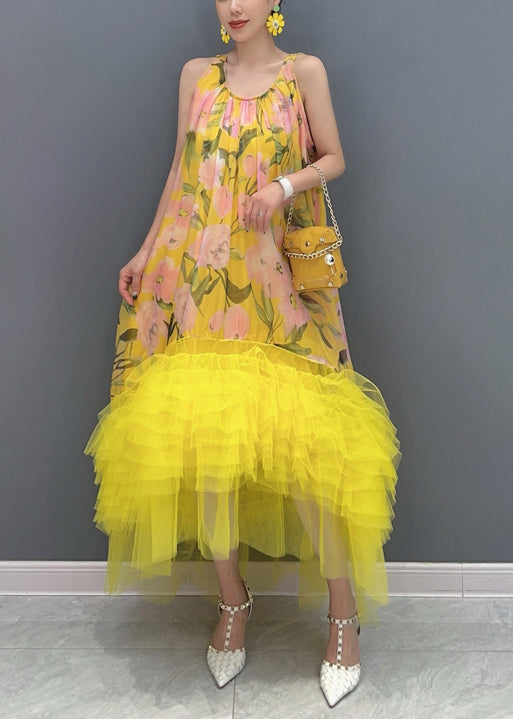 Stylish Yellow Print Ruffled Tulle Patchwork Chiffon Dresses Sleeveless