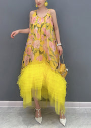 Stylish Yellow Print Ruffled Tulle Patchwork Chiffon Dresses Sleeveless