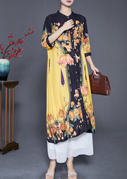 Stylish Yellow Print Stand Collar Silk Shirt Dresses Summer