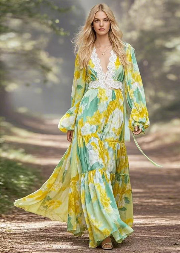 Stylish Yellow Print V Neck Lace Patchwork Chiffon Dress Spring