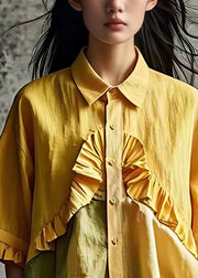 Stylish Yellow Ruffled Button Cotton Shirt Butterfly Sleeve