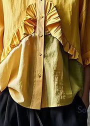 Stylish Yellow Ruffled Button Cotton Shirt Butterfly Sleeve