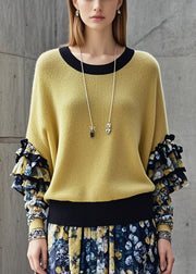 Stylish Yellow Ruffled Patchwork Warm Sweater Tops Fall