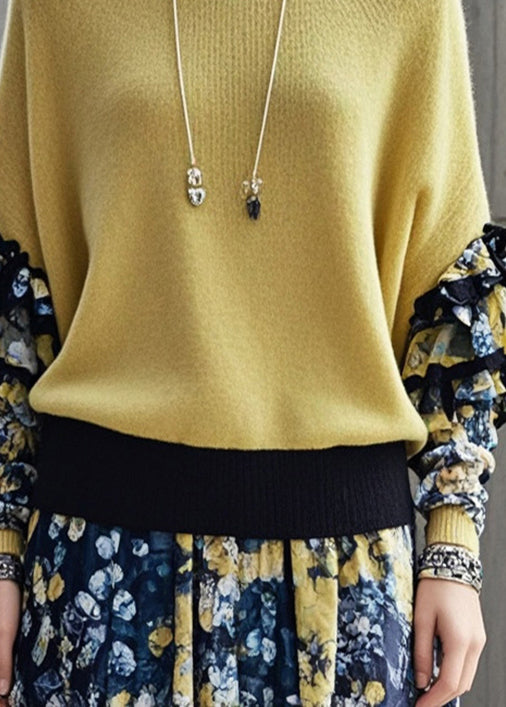 Stylish Yellow Ruffled Patchwork Warm Sweater Tops Fall