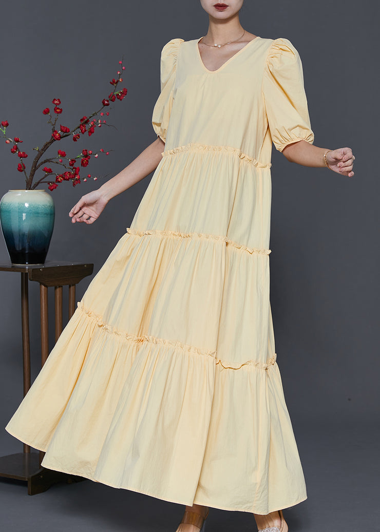 Stylish Yellow Ruffled Puff Sleeve Cotton Dresses Summer
