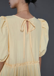Stylish Yellow Ruffled Puff Sleeve Cotton Dresses Summer