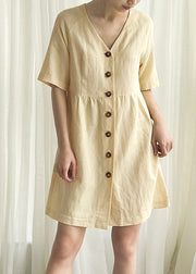 Stylish Yellow V Neck Button Linen Mid Dress Summer