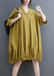 Stylish Yellow V Neck Drawstring Mid Dress Summer