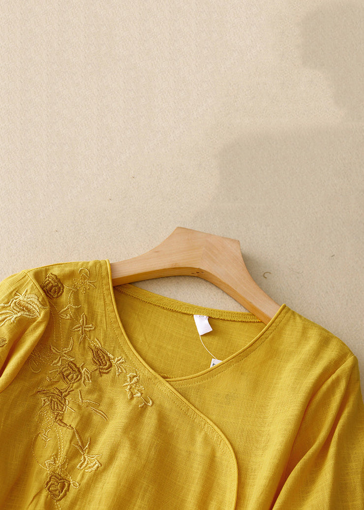 Stylish Yellow V Neck Embroideried  Linen Blouses Bracelet Sleeve