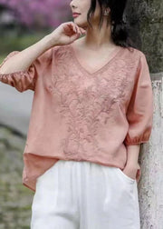 Stylish Yellow V Neck Embroideried Linen Top Half Sleeve