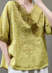 Stylish Yellow V Neck Embroideried Linen Top Half Sleeve