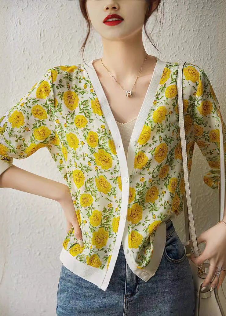 Stylish Yellow V Neck Jacquard Ice Silk Knit Cardigan Summer