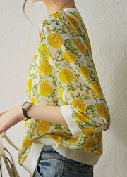 Stylish Yellow V Neck Jacquard Ice Silk Knit Cardigan Summer