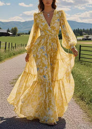 Stylish Yellow V Neck Patchwork Chiffon Long Dresses Lantern Sleeve