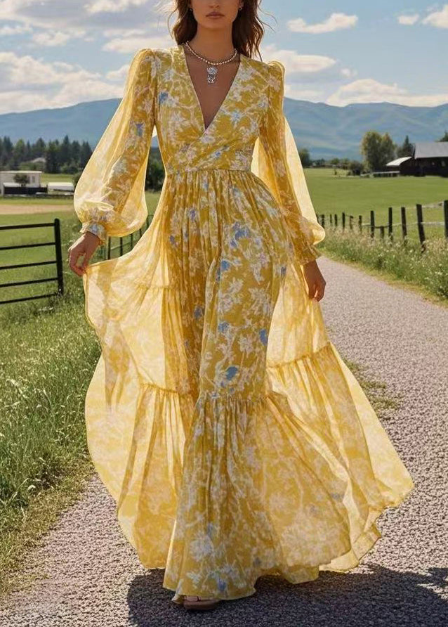 Stylish Yellow V Neck Patchwork Chiffon Long Dresses Lantern Sleeve