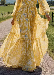 Stylish Yellow V Neck Patchwork Chiffon Long Dresses Lantern Sleeve