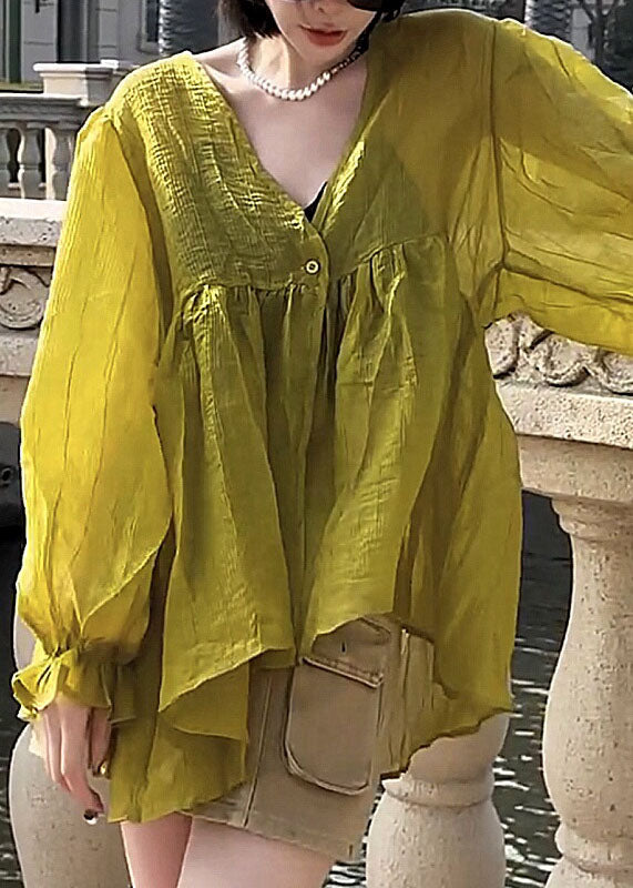 Stylish Yellow V Neck Patchwork Silk Cotton Shirt Lantern Sleeve