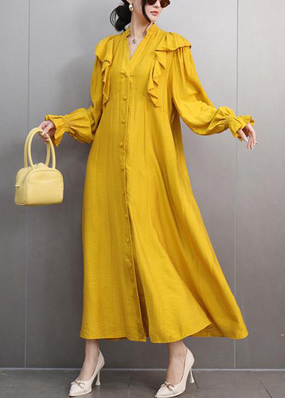 Stylish Yellow V Neck Ruffled Patchwork Maxi Dress Butterfly Sleeve