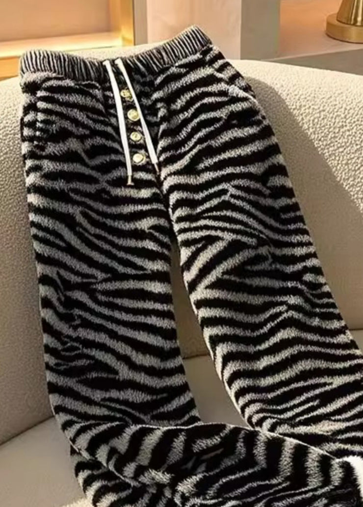 Stylish Zebra Pattern Elastic Waist Fuzzy Fur Straight Pants Spring