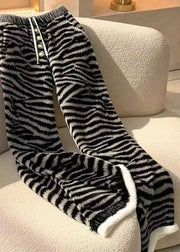 Stylish Zebra Pattern Elastic Waist Fuzzy Fur Straight Pants Spring