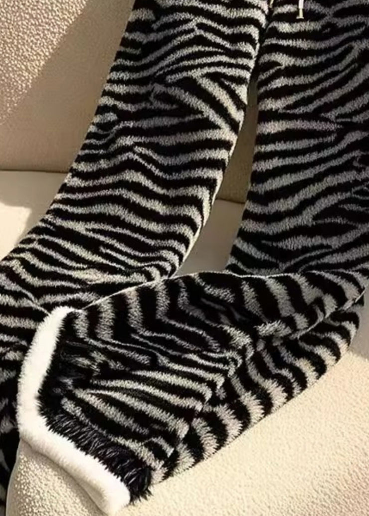 Stylish Zebra Pattern Elastic Waist Fuzzy Fur Straight Pants Spring