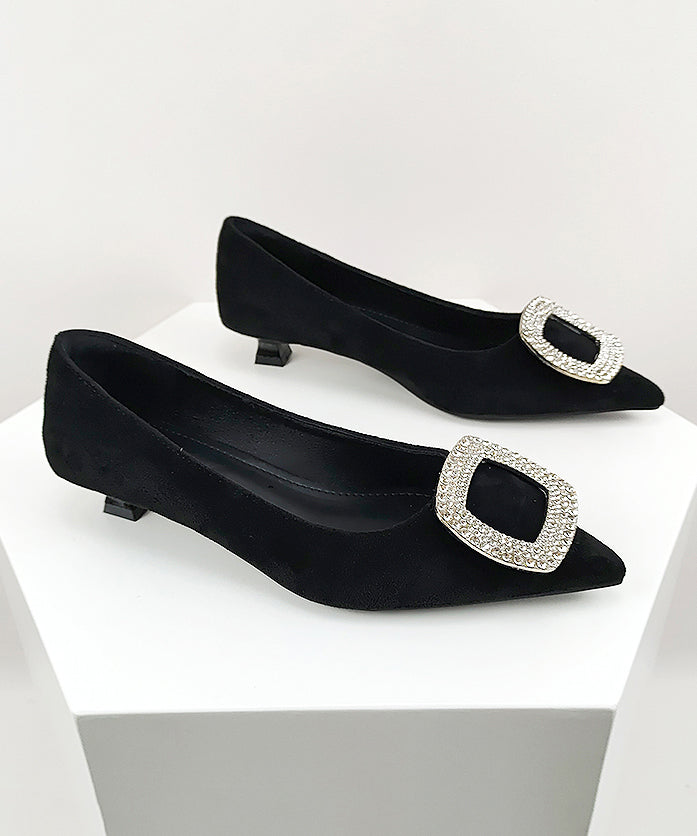 Stylish Zircon Splicing Black Suede Kitten Heel