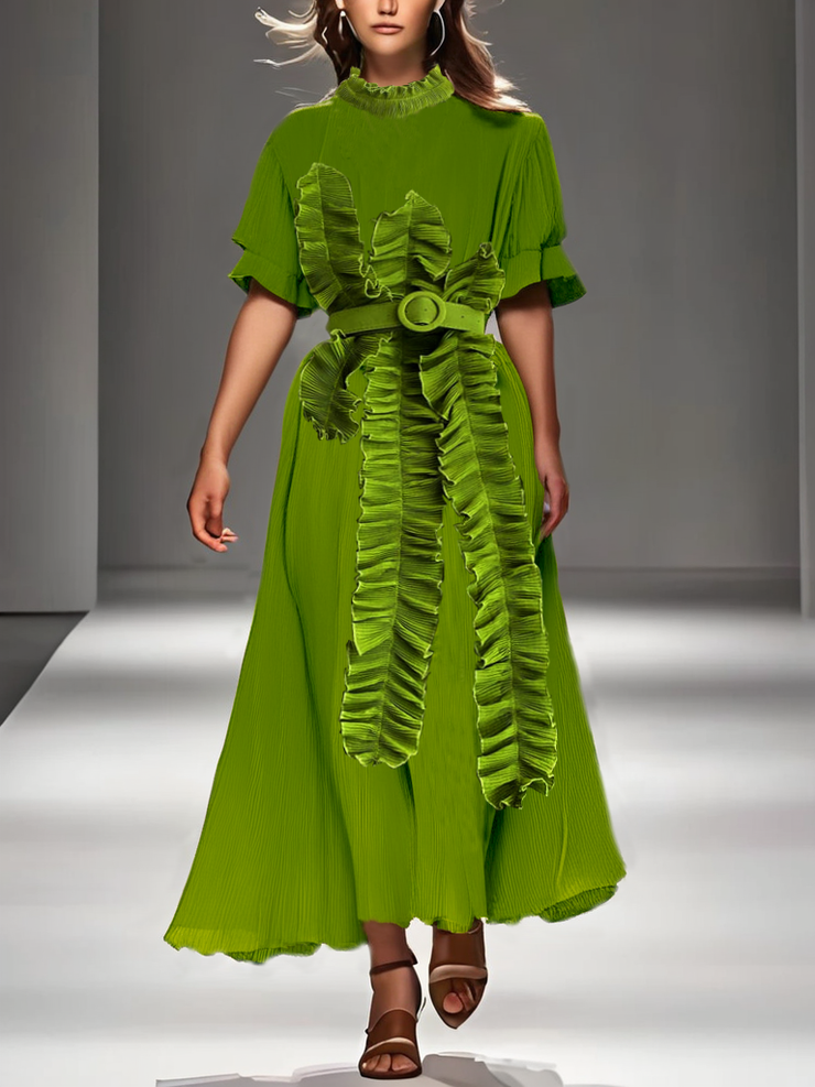 Grace Green Stand Collar Ruffled Maxi Dress Short Sleeve