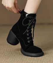 Suede Chunky Heel Boots Apricot Stylish Splicing Lace Up