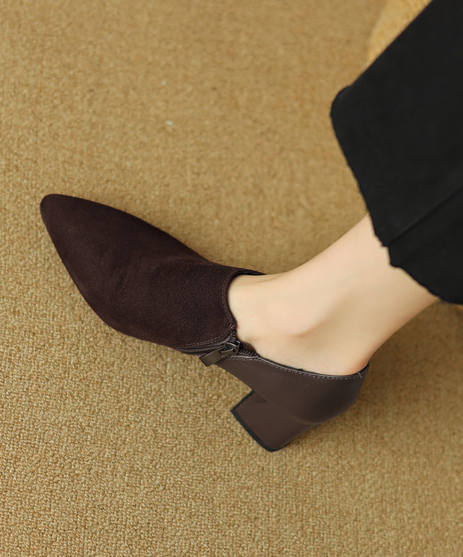 Suede Zippered Splicing Boutique Brown Chunky Heels Pointed Toe