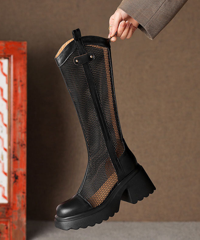 Summer Black Hollow Out Breathable Mesh Splicing Chunky Heel Boots