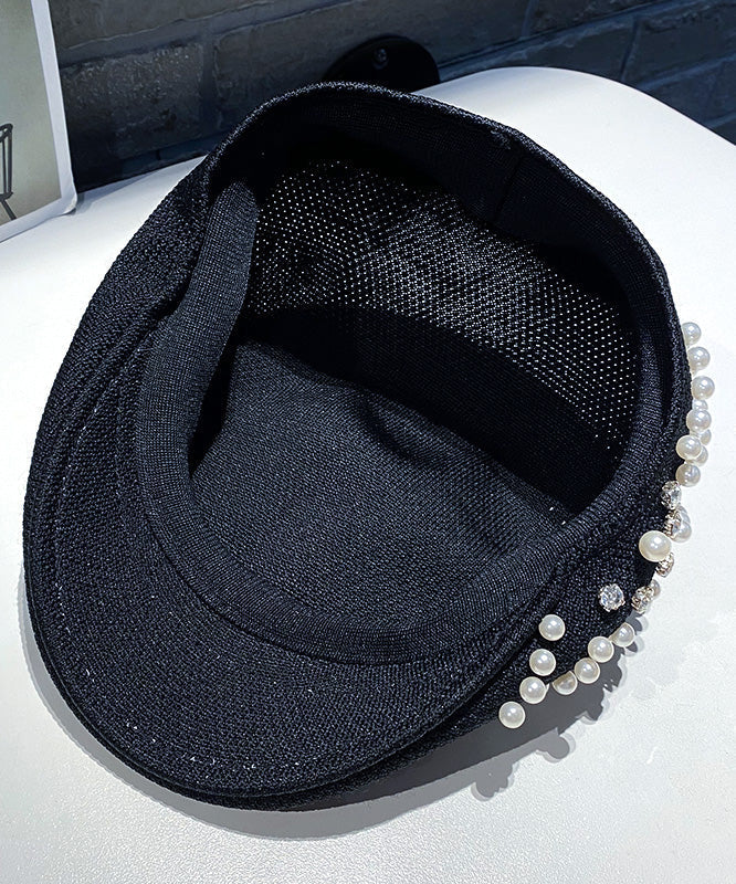 Summer Black Zircon Pearl Beret Hat