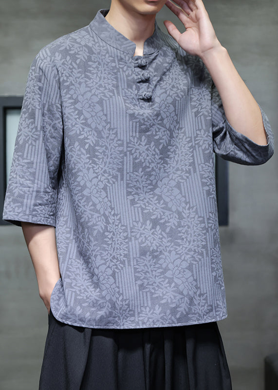 Summer Chinese Style Buckle Linen Jacquard Short Sleeved T Shirt Men