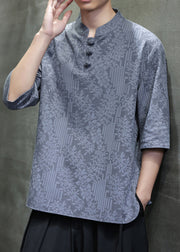 Summer Chinese Style Buckle Linen Jacquard Short Sleeved T Shirt Men