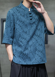 Summer Chinese Style Buckle Linen Jacquard Short Sleeved T Shirt Men