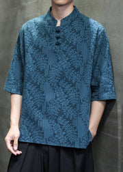Summer Chinese Style Buckle Linen Jacquard Short Sleeved T Shirt Men