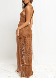 Summer Khaki Tassel Hollow Lace Up Knitted Cover Up