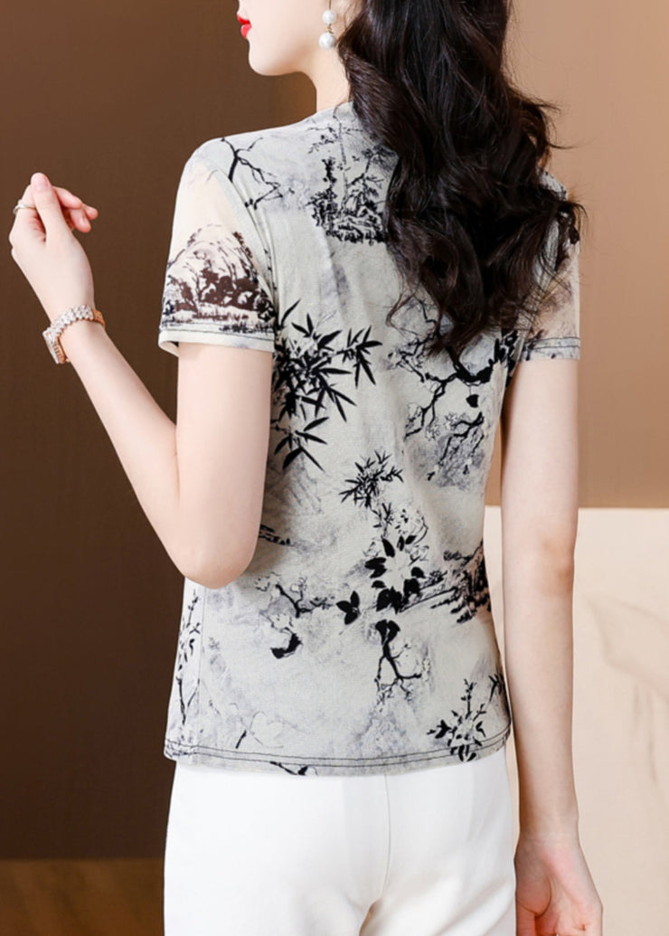 Summer New Half High Collar Print Tulle T Shirt Top