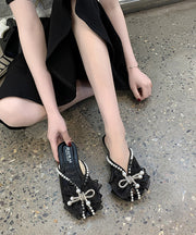 Summer New Versatile Black Bow Nail Bead Slide Sandals