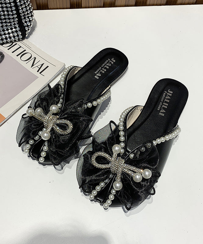 Summer New Versatile Black Bow Nail Bead Slide Sandals