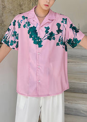 Summer Pink Short Sleeved Cuban Collar Men Hawaiian Shirts