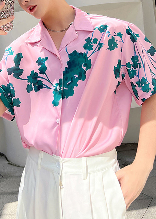 Summer Pink Short Sleeved Cuban Collar Men Hawaiian Shirts
